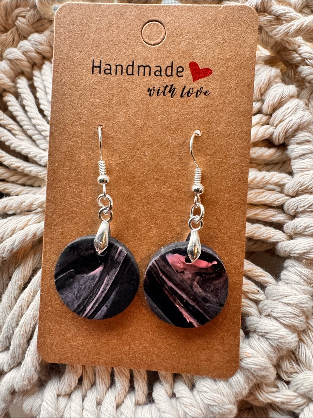 Handmade Black & Pink Marble Round Dangle Earrings